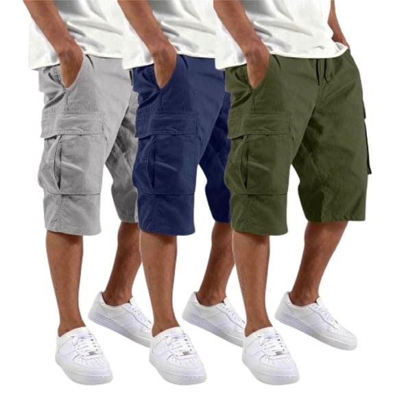 Zimjoy 3 Pack Men's Long Bermuda Cargo Shorts Elastic Waist Drawstring Below Knee Camping Work Shorts, Gray 3XL