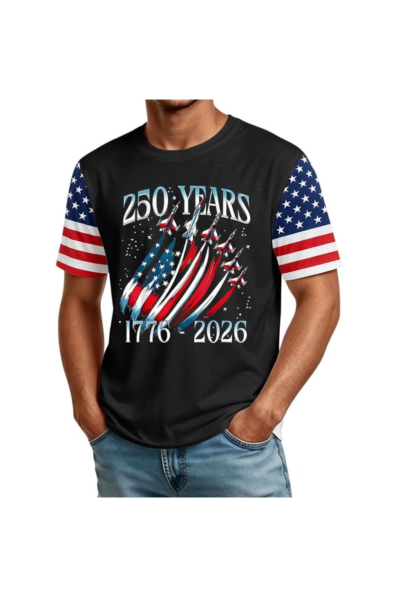 4th of July Shirts for Men Patriotic Crew Neck Short Sleeve 250 Anniversary Shirts USA Flag Spliced Mens Independence Day Shirts, Black 4XL