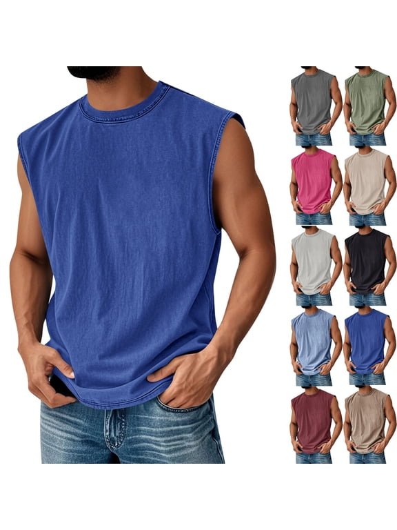 Acid Wash Sleeveless Shirts for Men Cotton Crew Neck Basic Workout Muscle Tank Tops Summer Relaxed Fit Plain Tshirts Blue L