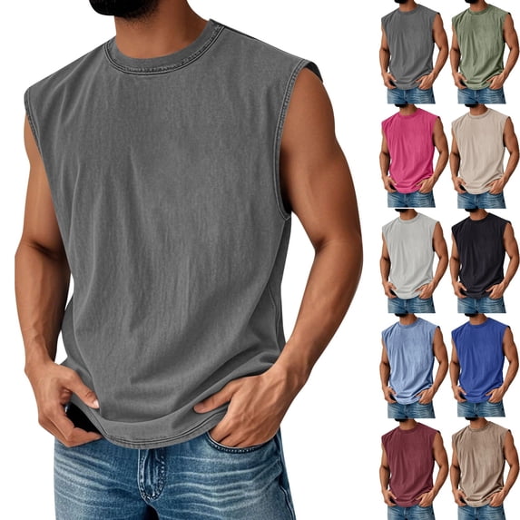 Zimjoy Acid Wash Sleeveless Shirts for Men Cotton Crew Neck Basic Workout Muscle Tank Tops Summer Relaxed Fit Plain Tshirts Gray M