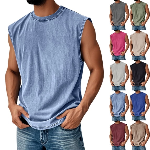 Zimjoy Acid Wash Sleeveless Shirts for Men Cotton Crew Neck Basic Workout Muscle Tank Tops Summer Relaxed Fit Plain Tshirts Royal Blue L