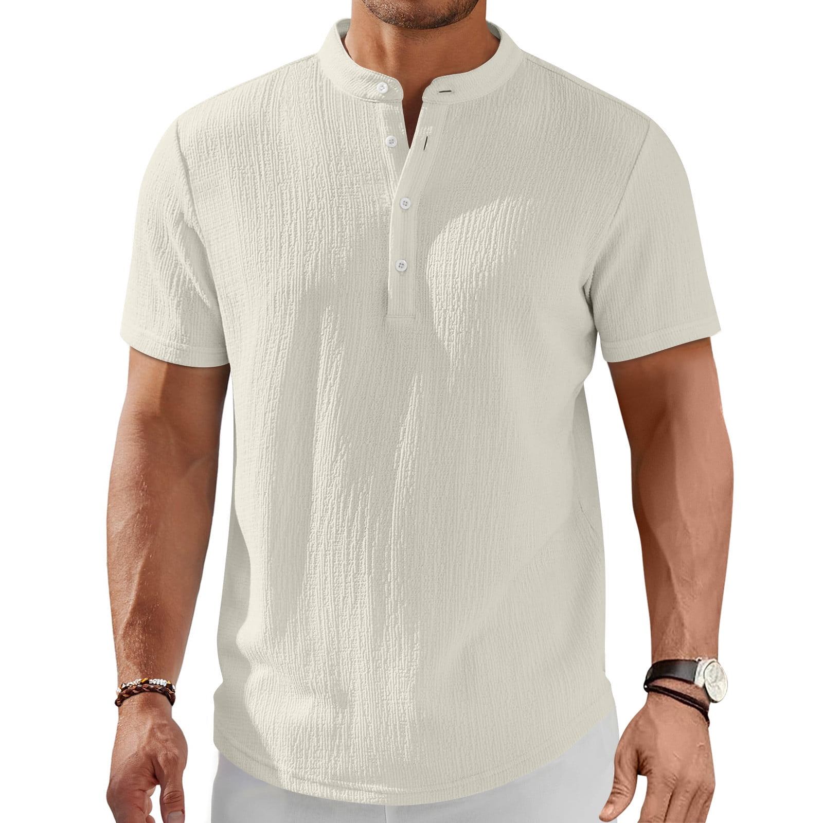 Zimjoy Beige Henley Shirt for Men Short Sleeve Stand Collar Button