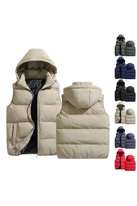 Beige Puffer Vest for Men Windproof Thick Big and Tall Winter Vest Warm Adjustable Hooded Puffy Vests Casual Light Zip Up Mens Puffer Jacket with Pockets, Khaki M