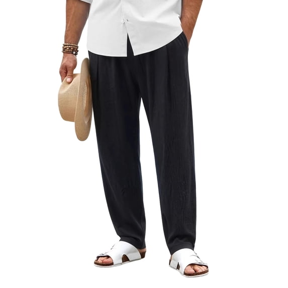 Zimjoy Big and Tall Men's Casual Pants Summer Cotton Linen Wide Leg Trousers Lightweight Breathable Lounge Pants, Black 2XL