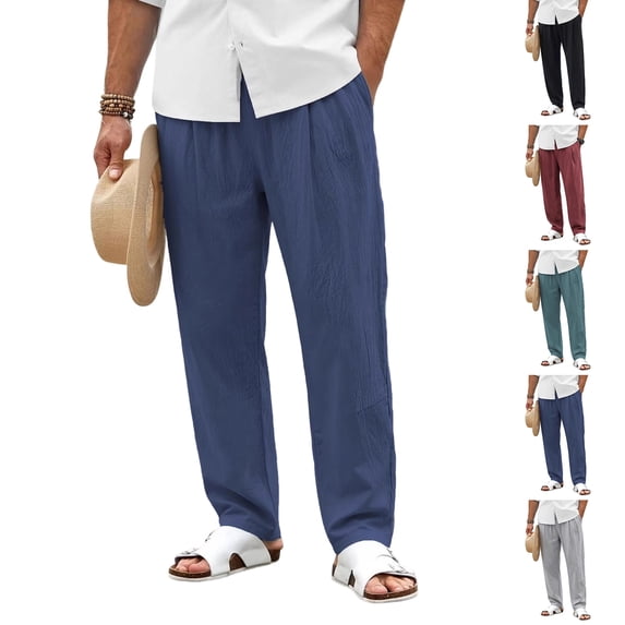 Zimjoy Big and Tall Men's Casual Pants Summer Cotton Linen Wide Leg Trousers Lightweight Breathable Lounge Pants, Navy 4XL