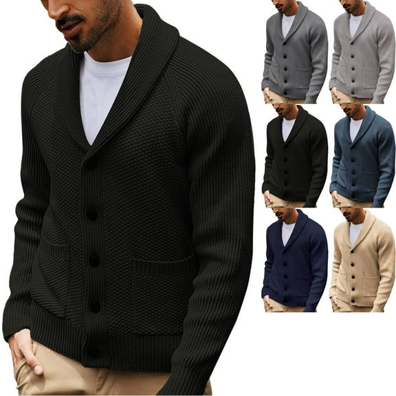 Zimjoy Black Cardigan Sweaters for Men Button Up Knit Sweater Long Sleeve Shawl Collar Fleece Sweater Loose Fit Casual Mens Cardigan Fall Winter Outwear with Pockets, Black 2XL