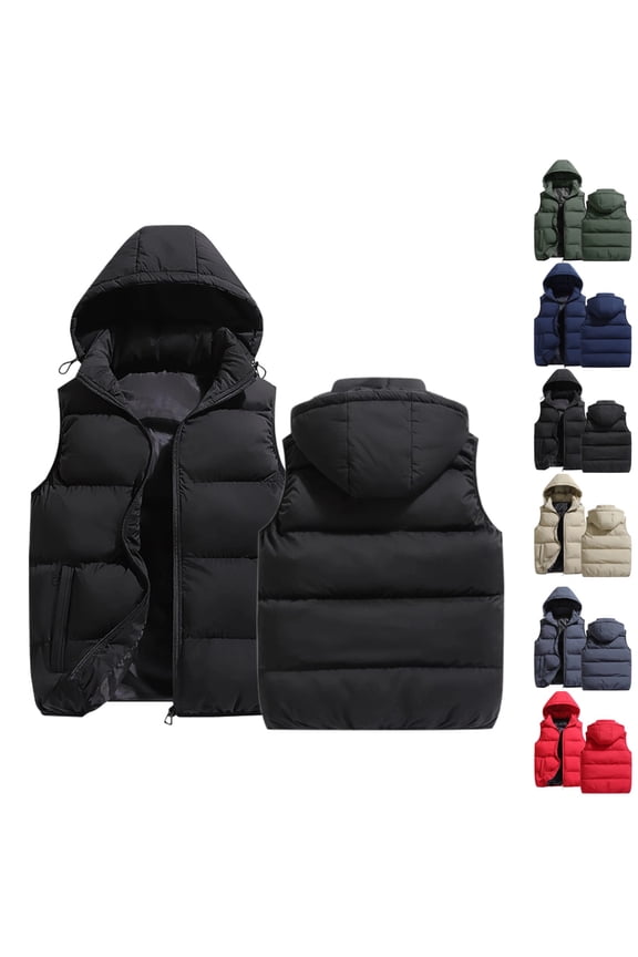 Black Puffer Vest for Men Thick Adjustable Hooded Windproof Heated Vest Thermal Big and Tall Mens Puffer Coat Casual Light Zip Up Outdoor Vests with Pockets, Black M