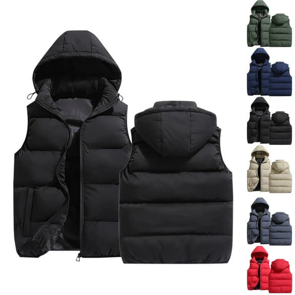 Zimjoy Black Puffer Vest for Men Windproof Thick Big and Tall Heated Vest Warm Adjustable Hooded Outdoor Vests Casual Lightweight Zip Up Mens Puffer Coat with Pockets, Black L