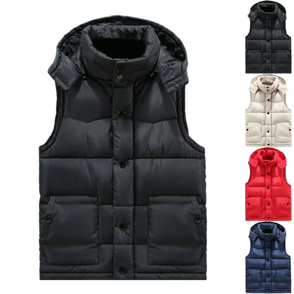 Zimjoy Black Puffer Vest Men Windproof Thick Big and Tall Heated Vest Warm Detachable Hooded Outdoor Vests Casual Light Zip Up Puffer Jacket Men with Pockets, Black S