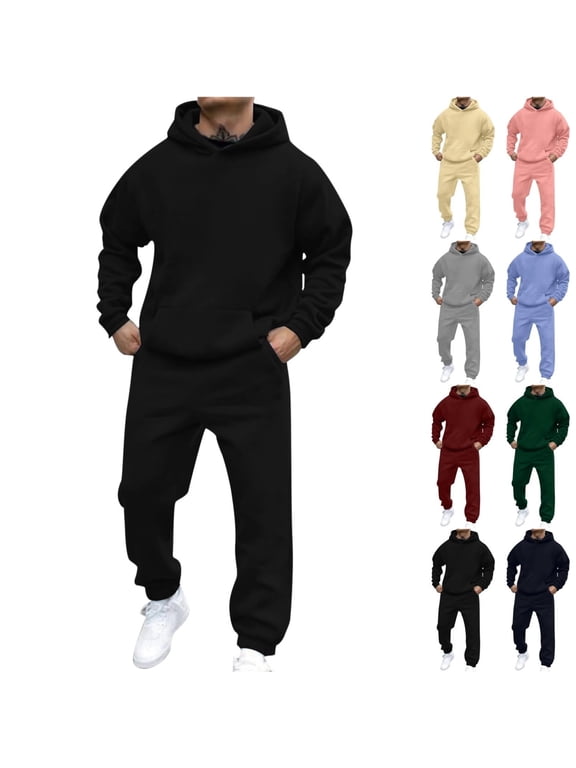 Black Sweat Suits Men Athletic Track Suits Mens Casual Hooded Sweatshirt and Sweatpant Autumn Jogging Suit with Pockets, Black M