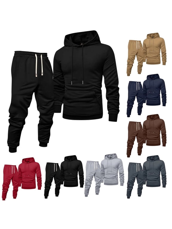 Black Sweat Suits Men Workout Mens Track Suits 2 Piece Set Casual Hooded Sweatshirt and Sweatpant Autumn Sportswear Tracksuits with Pockets, Black L