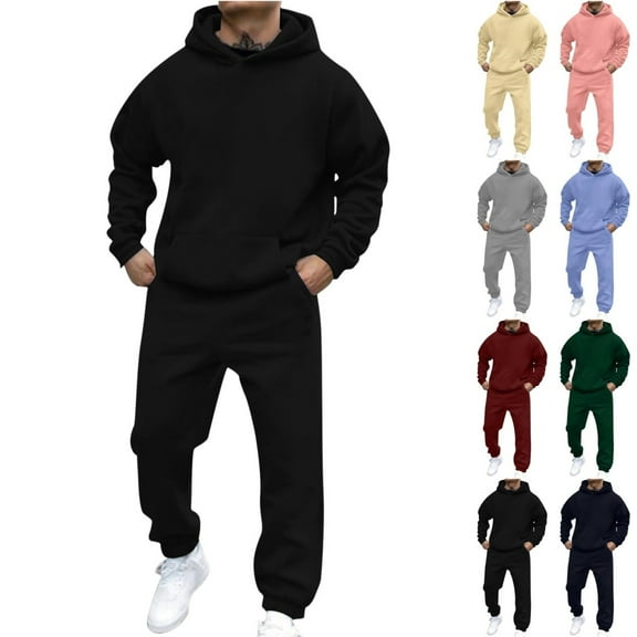 Zimjoy Black Track Suits Mens Gym Men Sweatsuits Sets Fall Hooded Sweatshirt and Sweatpant Casual Sweatpants Set with Pockets, Black L