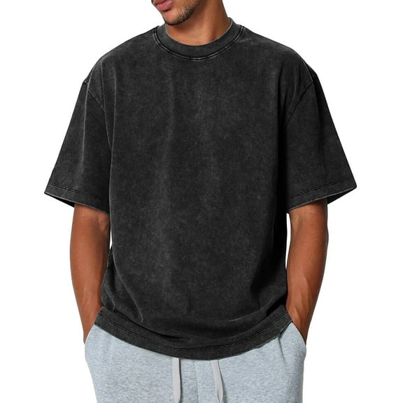 Zimjoy Black Tshirt Men Casual Washed Cotton T Shirts for Men Loose Fit Short Sleeve Heavyweight T Shirts for Men Crew Neck Fashion Fashion Clothing, Black L