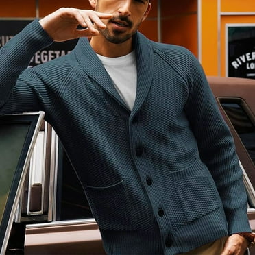 Zimjoy Blue Cardigan Sweaters for Men Long Sleeve Button Down Mens Sweater Shawl Collar Knit Sweater Loose Fit Casual Fall Winter Outwear Mens Cardigan with Pockets, Royal Blue M