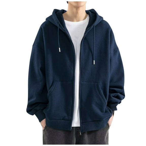 Zimjoy Blue Hoodie Men Casual Full Zip Basic Hoodie Drawstring Long Sleeve Lightweight Fleece Pullover Workout Zip Up Sweaters with Pocket, Dark Blue L