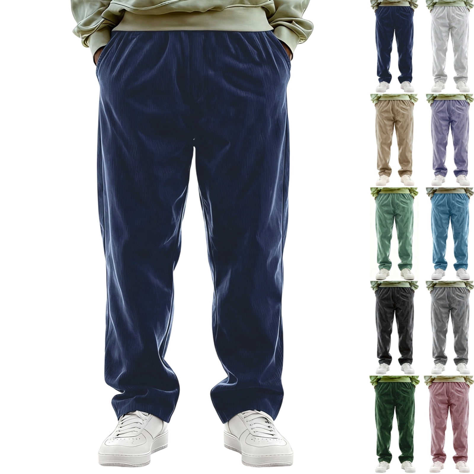 Zimjoy Blue Pants Men Corduroy Straight Leg Elastic Waist Mens Baggy ...