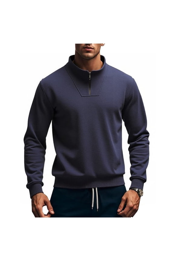 Blue Quarter Zip Pullover Men Cotton Mock Neck 1/4 Zip Pullovers Casual Slim Fit Lightweight Sweatshirt Workout Fall Polo Sweaters, Navy L
