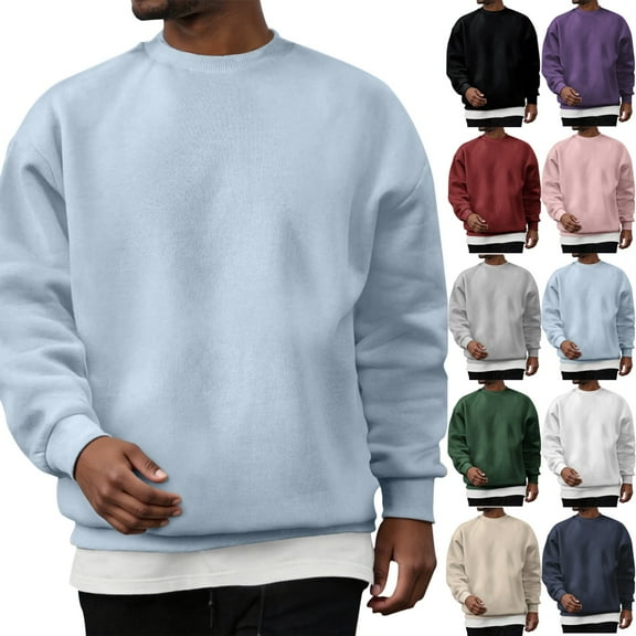 Zimjoy Blue Sweatshirts for Men Casual Long Sleeve Crewneck Sweatshirt Fashion Solid Plain Pullover Shirts Cotton Blend Warm Fall Clothes, Light Blue L