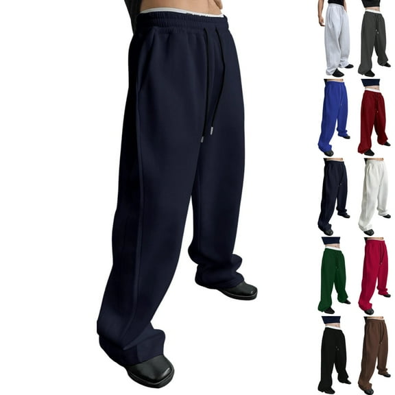 Zimjoy Blue Wide Leg Sweatpants Men Casual Elastic Waist Baggy Sweatpants Drawstring Fleece Cargo Sweatpant Loose Fit Lightweight Track Pants Yoga Running Gym Jogger, Dark Blue XL