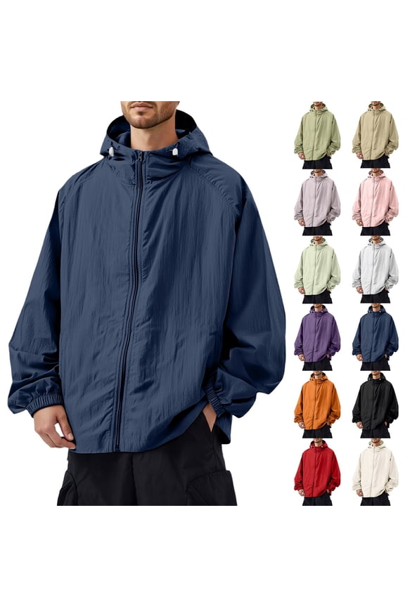 Blue Windbreaker Men Lightweight UV Protection Hoodie Jackets Outdoor Big and Tall Hooded Windbreaker Jacket with Pocket Fishing Hiking Clothing, Navy M