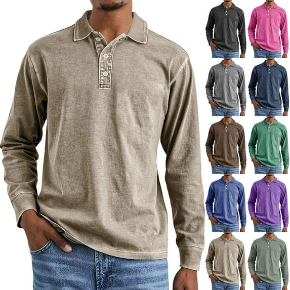 Zimjoy Breige Polo Shirts for Men Cotton Vintage Long Sleeve Shirts Casual V Neck Distressed Button Up Shirt Collared Lightweight Fall Shirt Muscle Gym, Khaki L