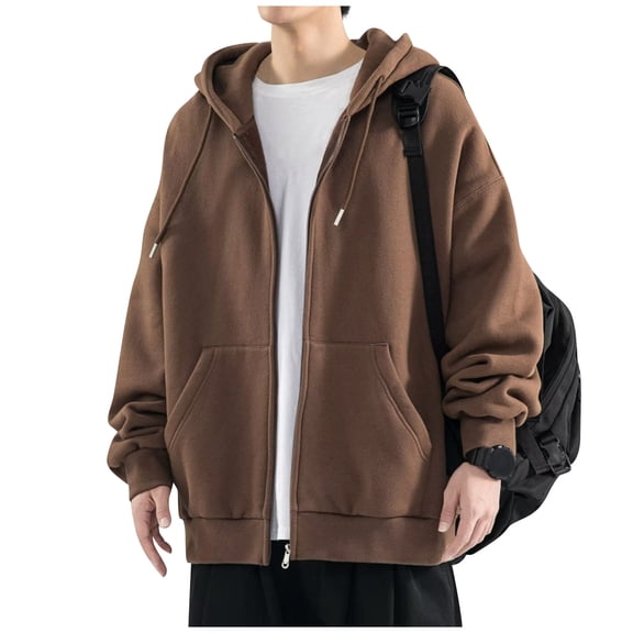 Zimjoy Brown Hoodie Men Workout Drawstring Full-Zip Hoodie Basic Long Sleeve Fleece Sweatshirt Light Weight Casual Hooded Jackets with Pocket, Coffee M