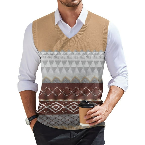 Zimjoy Brown Sweater Vest for Men V Neck Vintage Sweater Vest Casual Knitted Pullover Vest Sleeveless Oversized Sweaters Men, Light Brown L