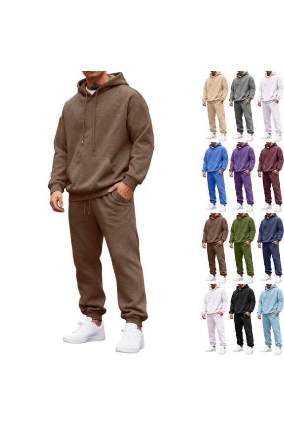 Brown Track Suits Mens Gym Sweat Suits Men Fleece Pullover Hoodie and Cargo Sweatpants Set Casual Winter Sportswear Tracksuits with Pockets, Brown 2XL