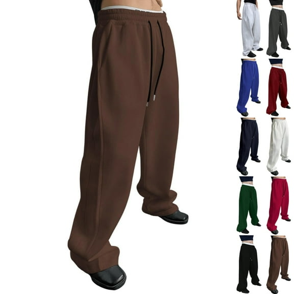 Zimjoy Brown Wide Leg Sweatpants Men Casual Elastic Waist Straight Leg Sweatpants Drawstring Fleece Sweatpant Loose Fit Lightweight Joggers Gym Athletic Sweat Pants, Coffee S
