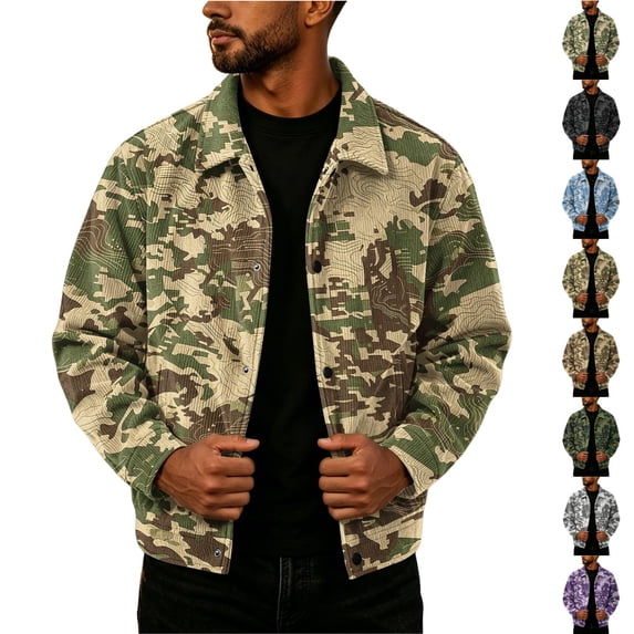 Zimjoy Camouflage Jacket for Men Button Down Corduroy Vintage Long Sleeve Shacket Lightweight Relaxed Fit Western Jackets for Casual Fall Winter Brown M