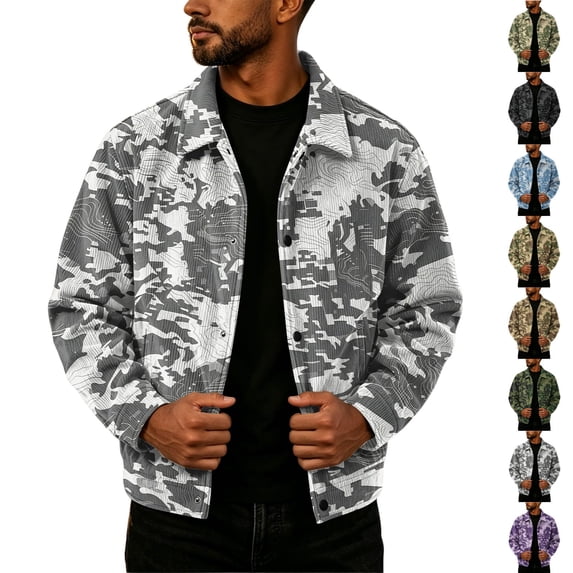 Zimjoy Camouflage Jacket for Men Button Down Corduroy Vintage Long Sleeve Shacket Lightweight Relaxed Fit Western Jackets for Casual Fall Winter Gray L