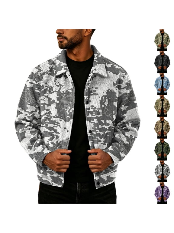 Camouflage Jacket for Men Button Down Corduroy Vintage Long Sleeve Shacket Lightweight Relaxed Fit Western Jackets for Casual Fall Winter Gray XL