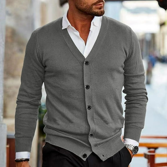 Zimjoy Cardigan Sweaters for Men Casual Button Down V Neck Knit Sweater Long Sleeve Open Front Slim Fit Gray Cardigan Lightweight Fall Clothes with Pocket, Dark Gray 3XL