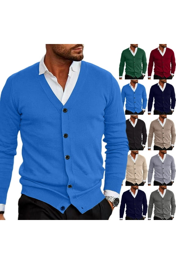 Cardigan Sweaters for Men Casual V Neck Button Down Ribbed Knit Sweater Slim Fit Long Sleeve Blue Cardigan Open Front Lightweight Fall Clothes with Pocket, Blue 2XL