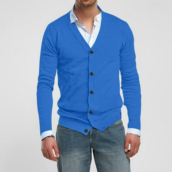 Zimjoy Cardigan Sweaters for Men Casual V Neck Cardigan Long Sleeve Slim Fit Button Down Knit Sweater Vintage Lightweight Open Front Fall Clothes with Pocket, Blue XL