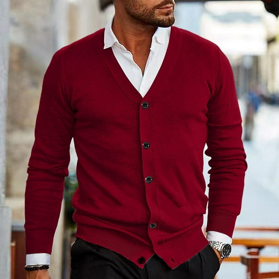 Zimjoy Cardigan Sweaters for Men Long Sleeve Button Up Cardigan Casual Slim Fit V Neck Knit Sweater Vintage Open Front Lightweight Fall Clothes with Pocket, Wine 2XL