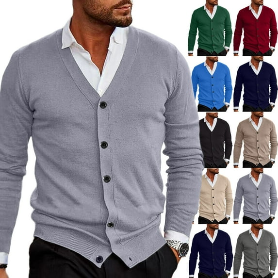 Zimjoy Cardigan Sweaters for Men Long Sleeve Button Up Gray Cardigan Casual Slim Fit V Neck Sweaters Vintage Open Front Lightweight Trench Coat with Pocket, Gray 2XL