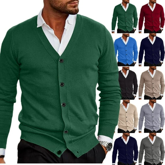 Zimjoy Cardigan Sweaters for Men Long Sleeve Button Down Green Cardigan Casual Slim Fit V Neck Ribbed Knit Sweater Vintage Open Front Lightweight Fall Clothes with Pocket, Dark Green M