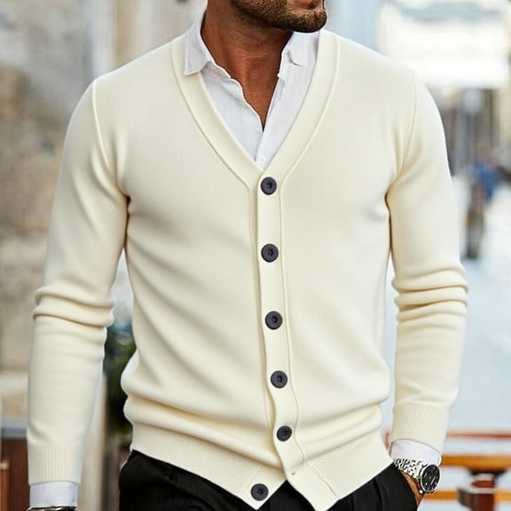 Zimjoy Cardigan Sweaters for Men Long Sleeve Button Up White Cardigan Casual Slim Fit V Neck Sweaters Vintage Open Front Lightweight Fall Clothes with Pocket, White 2XL