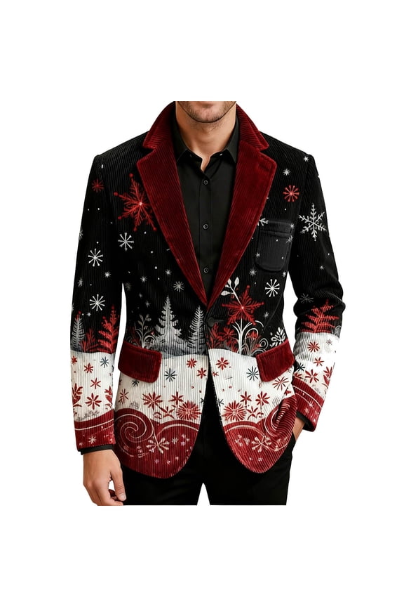 Christmas Suit for Men One Button Ugly Xmas Print Suits Slim Fit Vintage Corduroy Suit Jackets Holiday Party Sport Coats Work Office Business Blazers Jackets, Red 2XL