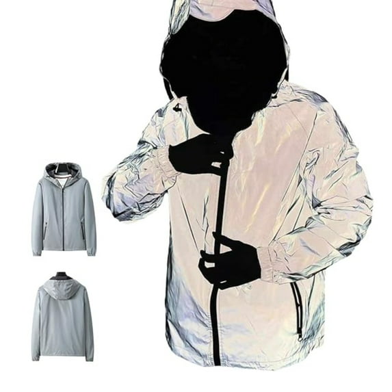 Zimjoy Chromashift Reflective Windbreaker – Daily Wear, Night Sporting Coat Hooded, Rides & Color - Shifting, Reflective Jacket, Gray L