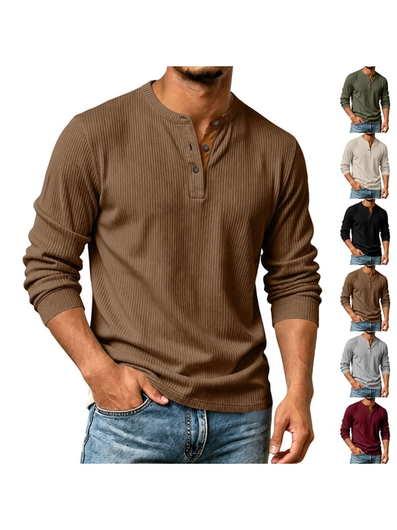 Corduroy Henley Shirts for Men Long Sleeve Button Down Shirts Mock Neck Fashion Basic Casual Tee for Daily Fall Winter Wear Brown L