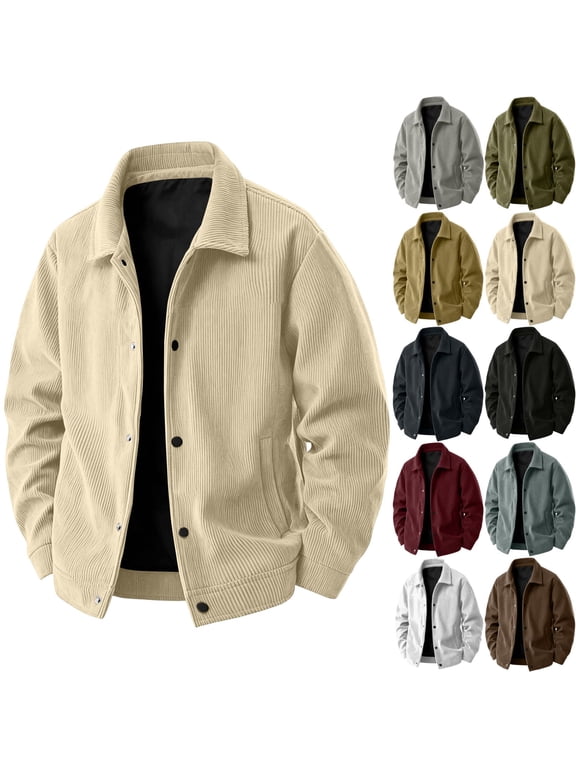 Corduroy Jacket for Men Button Down Vintage Long Sleeve Shacket Lightweight Relaxed Fit Western Jackets for Casual Fall Winter Beige 2XL