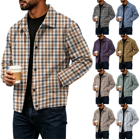 Zimjoy Corduroy Plaid Jacket for Men Button Down Vintage Long Sleeve Shacket Lightweight Regular Fit Western Jackets for Casual Fall Winter Yellow 2XL