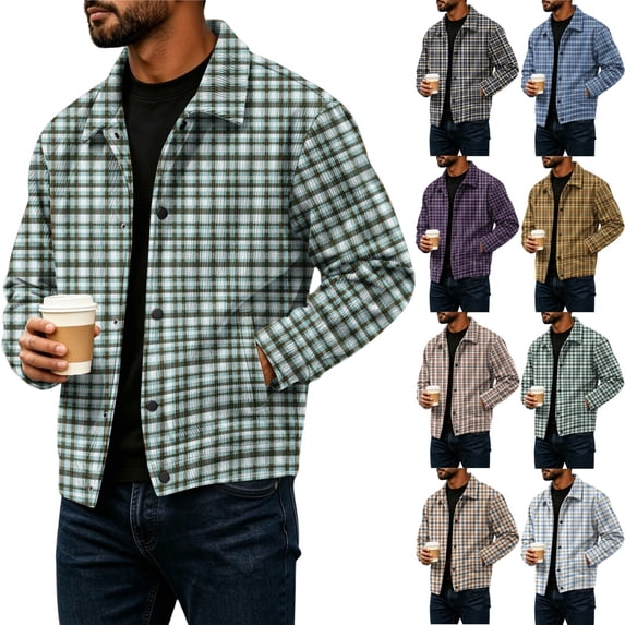 Zimjoy Corduroy Plaid Jacket for Men Button Down Vintage Long Sleeve Shacket Lightweight Regular Fit Western Jackets for Casual Fall Winter Green M