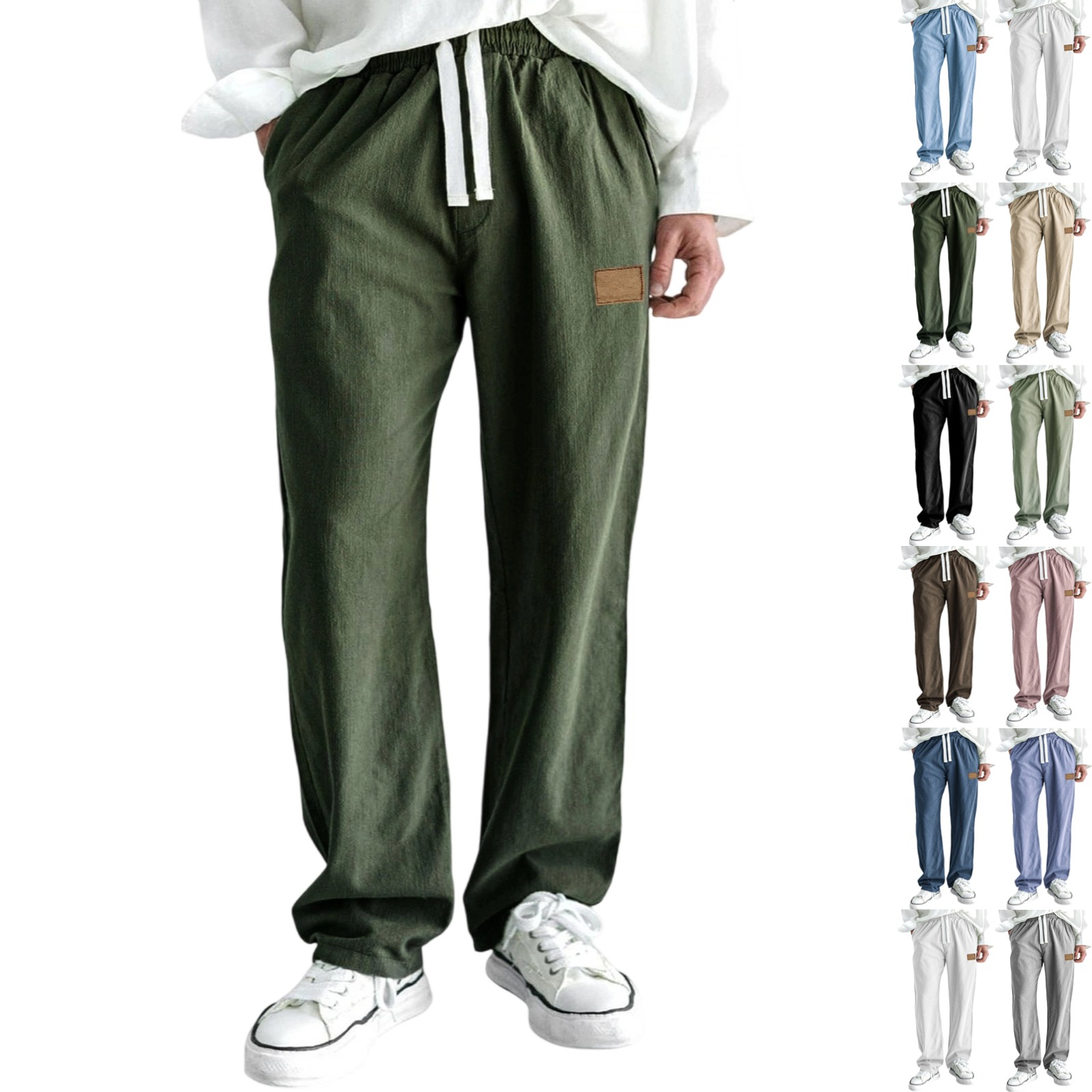 Drawstrings Work Zimjoy Cotton Linen Pants Men Elastic Waist Straight Leg Casual Pant ...