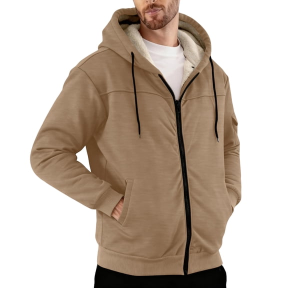 Zimjoy Fleece Jacket for Men Zipper Thermal Winter Coats Hoodies Casual Hoodie Jackets for Men Heavyweight Sherpa Jacket, Khaki XL