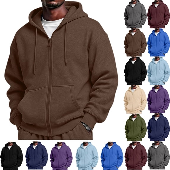 Zimjoy Full Zip Hoodies for Men Loose Fit Open Front Fleece Hooded Sweatshirt Knit Lightweight Warm Hoodies Streetwear Brown S