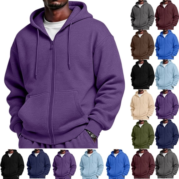 Zimjoy Full Zip Hoodies for Men Loose Fit Open Front Fleece Hooded Sweatshirt Knit Lightweight Warm Hoodies Streetwear Purple S