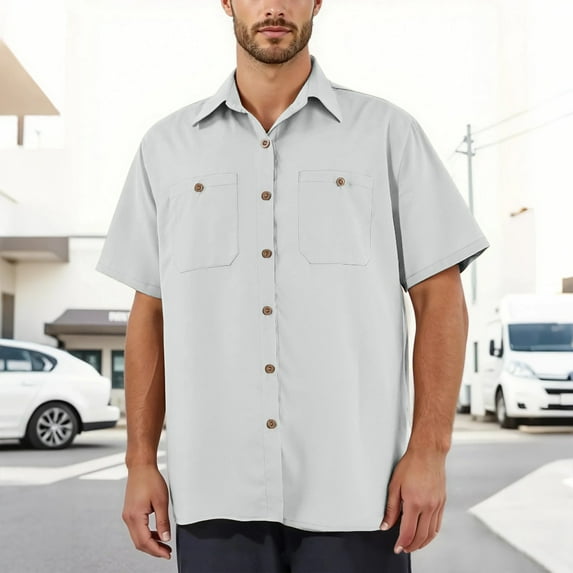 Zimjoy Gray Button Down Shirts Men Casual Short Sleeve Big and Tall Shirts Men Relaxed Fit Collared Two Pockets T-Shirts Lightweight Mechanic Clothes, Light Gray 2XL